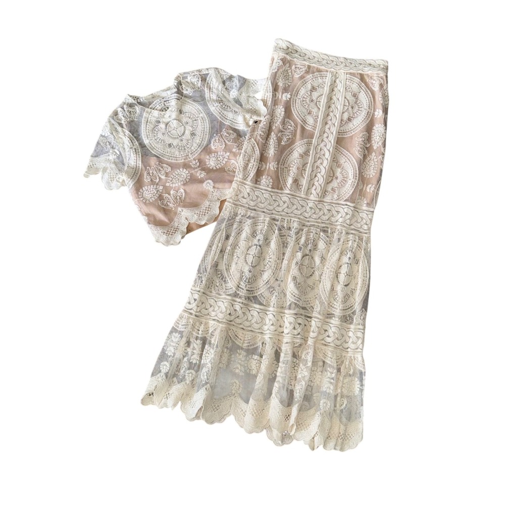Jen's Pirate Booty Lace Maxi Skirt & Top Set Women XS White Nude Excellent Boho